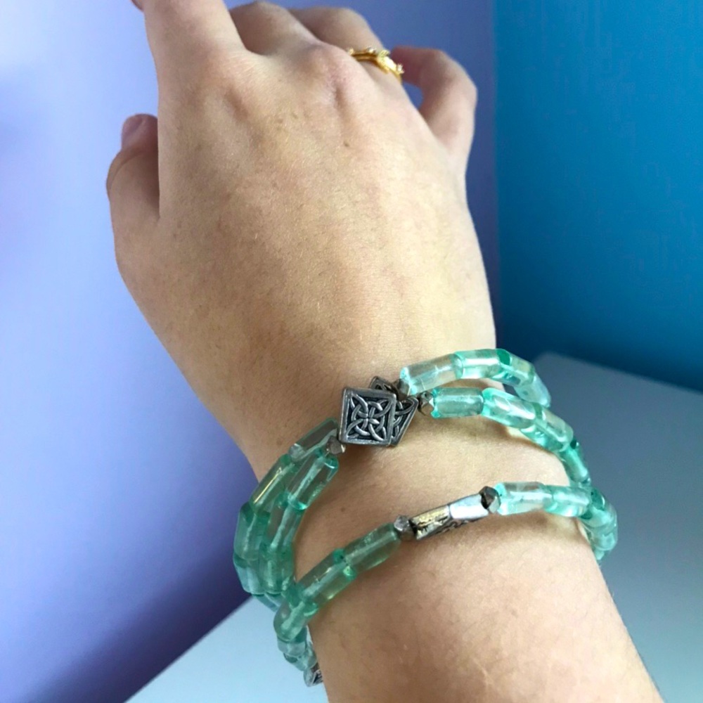 Pale Blue Green Silver Pendant Wrap Bracelet